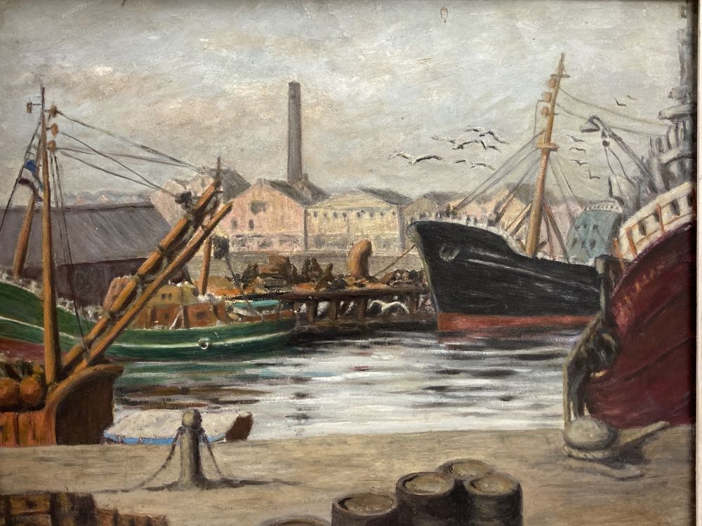 Helen Watt, oil on board, Harbour scene, signed and dated 61, 50 x 60cm